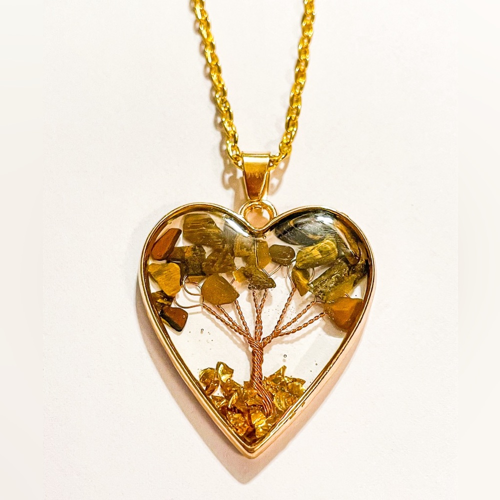 Brown Crystal Tree Heart Pendant Necklace